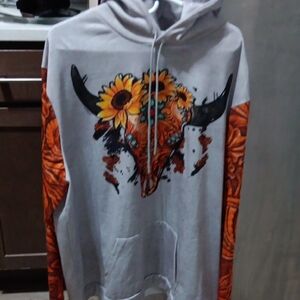 Source Unknown Gray and Orange Bull Skull Hoodie